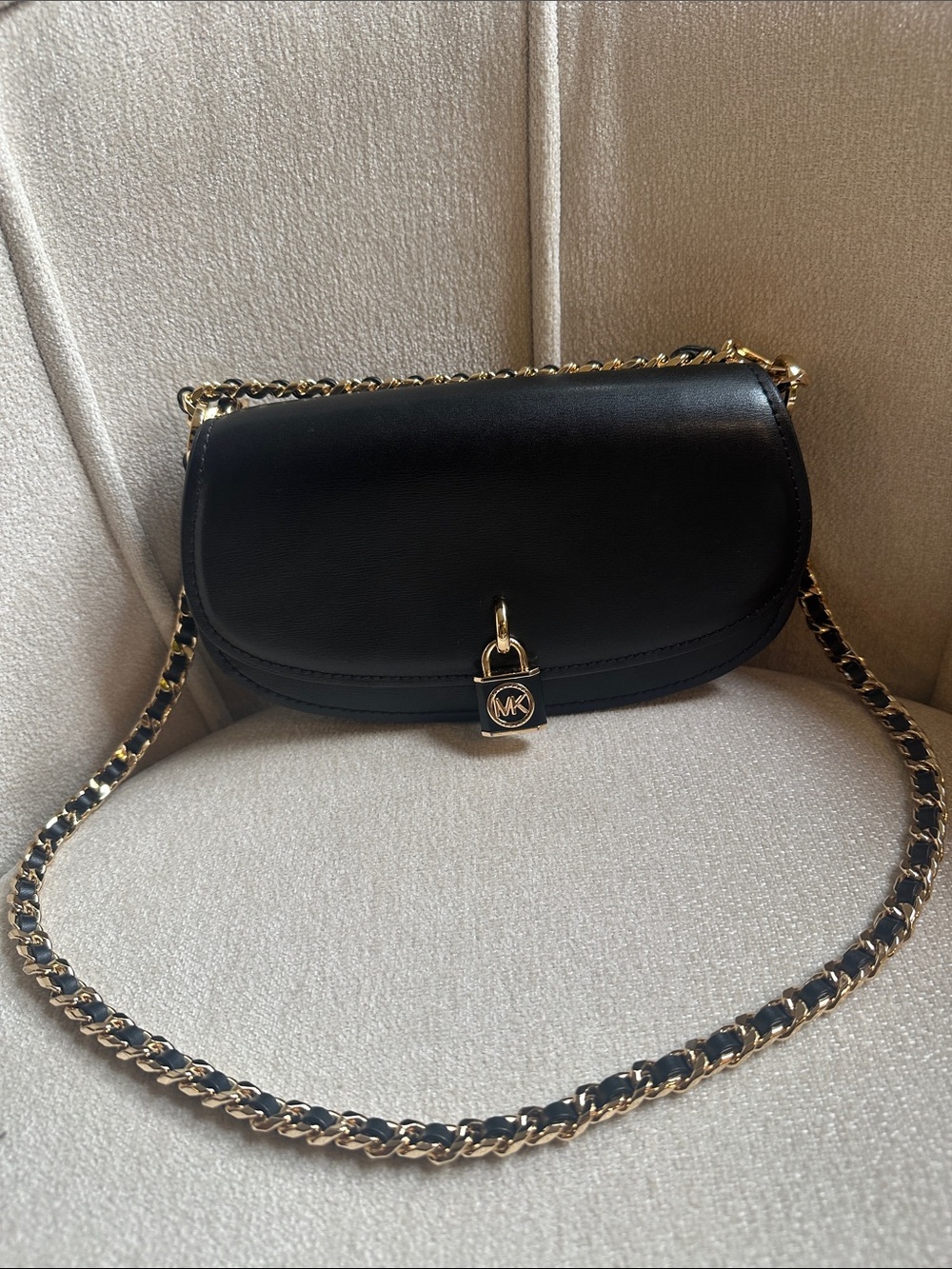 Michael Kors Black Leather Crossbody with Gold Chain